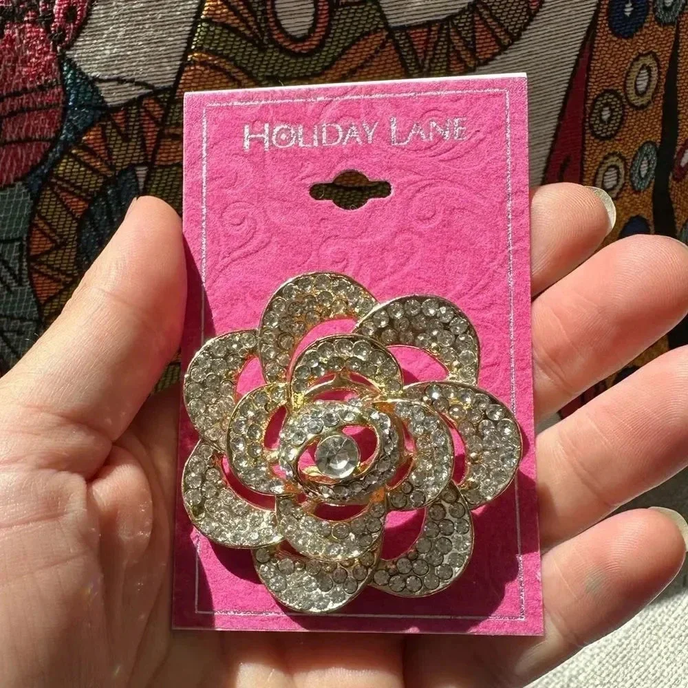 Rose Flower Gold-Tone Crystal Pin Brooch NWT